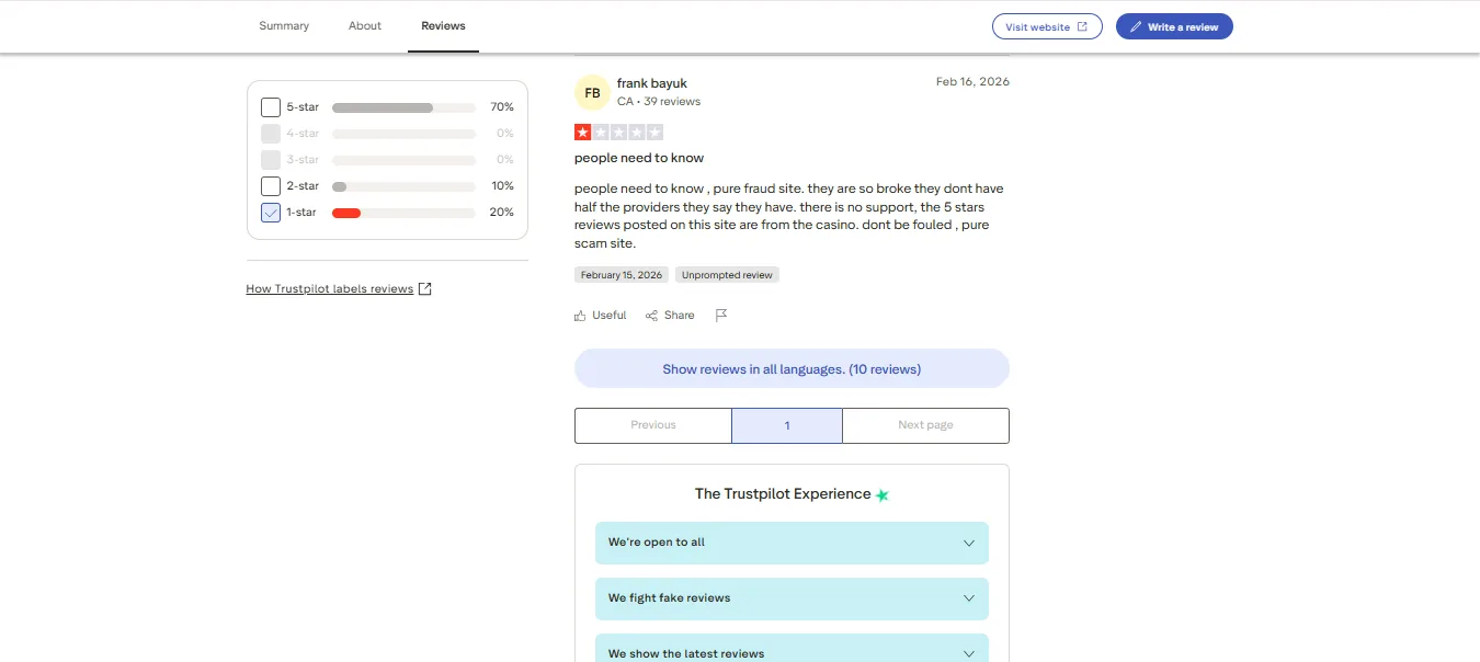 Screenshot of StakeMania's negative Trustpilot review