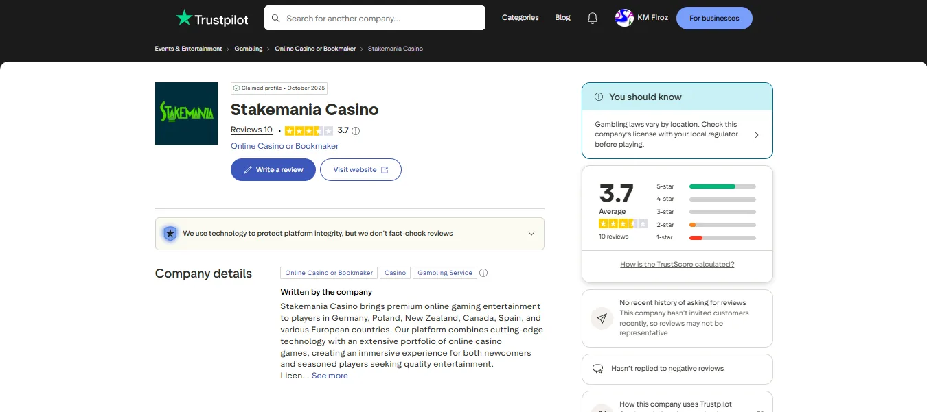 Screenshot of StakeMania's Trustpilot rating overview