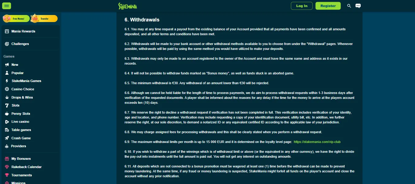 Screenshot of StakeMania's withdrawal section and limits