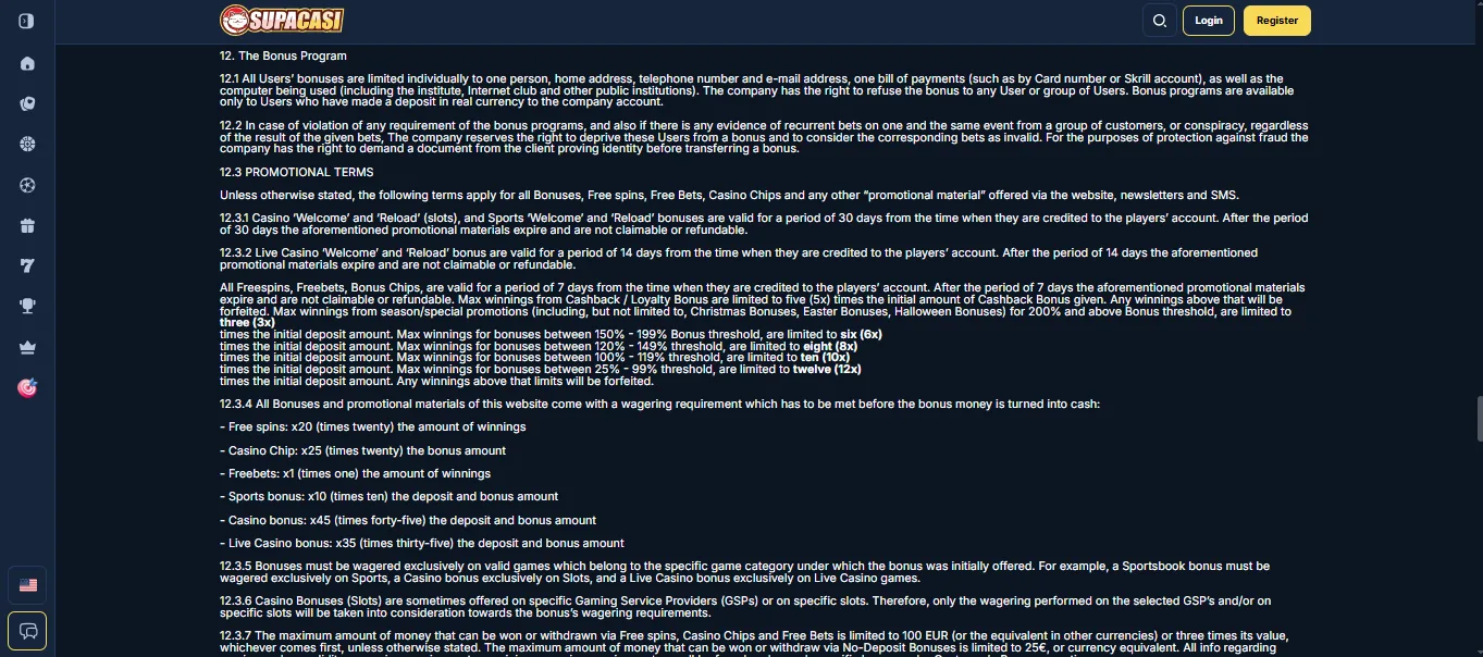 Screenshot of Supercasi Casino's bonus terms and wagering requirements