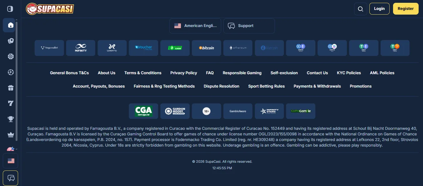 Screenshot of Supercasi Casino's footer licence and regulator details