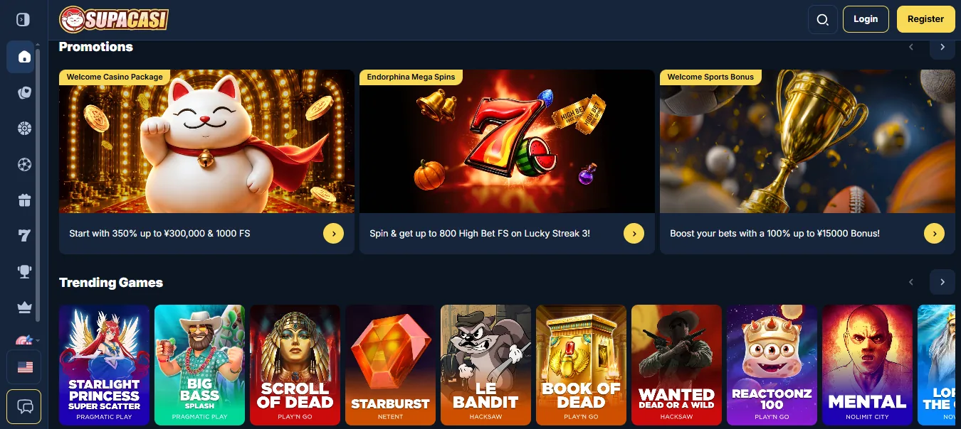 Screenshot of Supercasi Casino's homepage