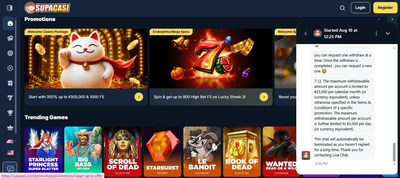 Screenshot of Supercasi Casino's live chat support window