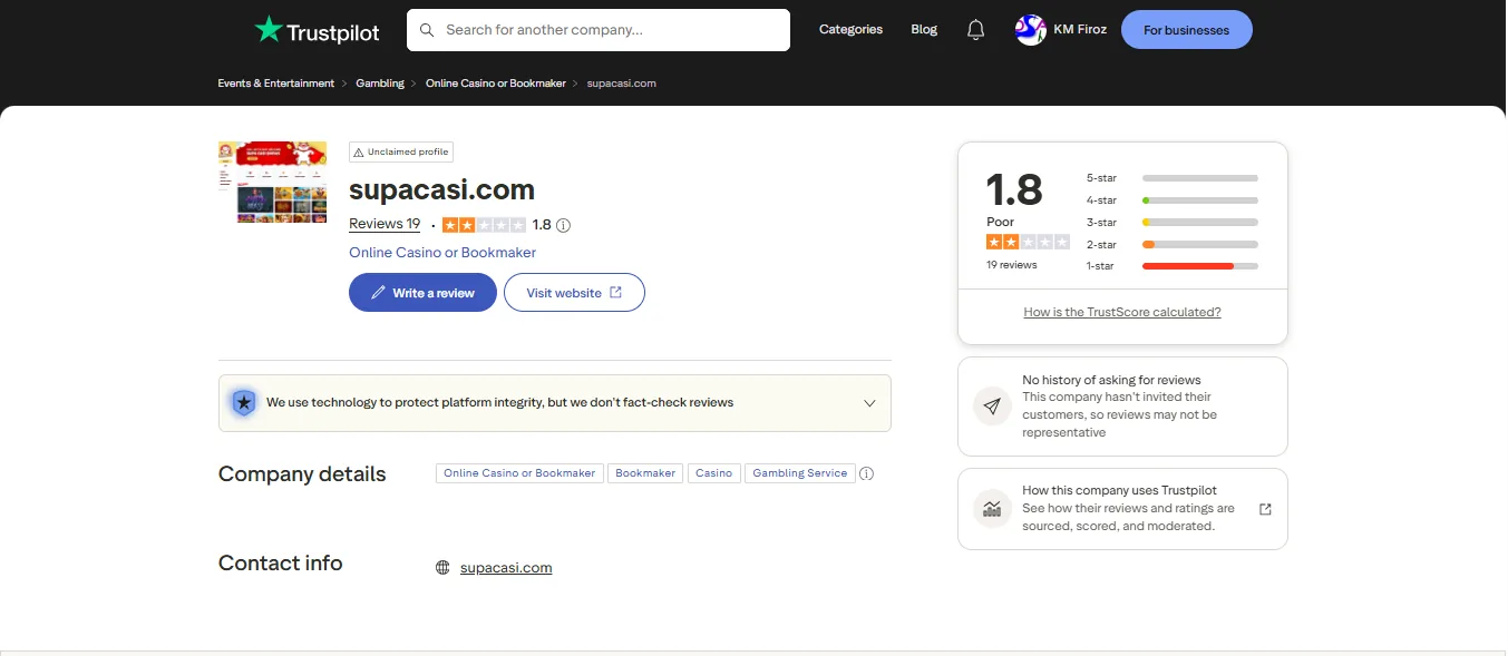 Screenshot of Supercasi Casino's Trustpilot rating overview