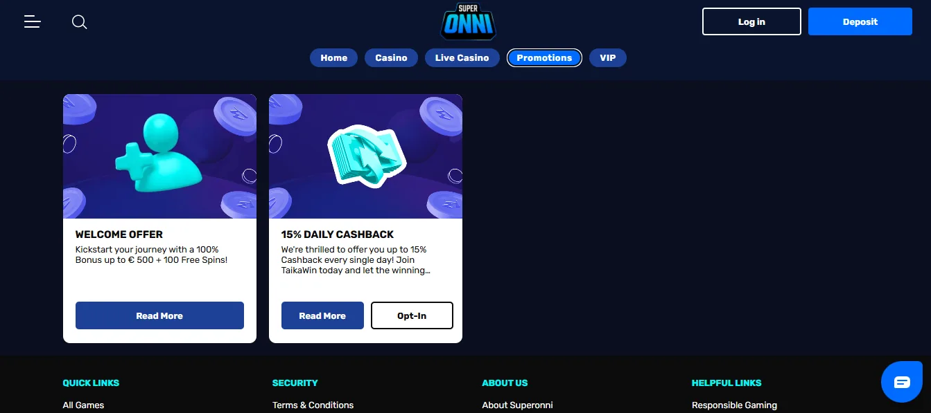 Screenshot of SuperOnni's welcome bonus offer