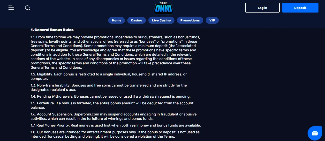 Screenshot of SuperOnni's bonus terms and wagering requirements
