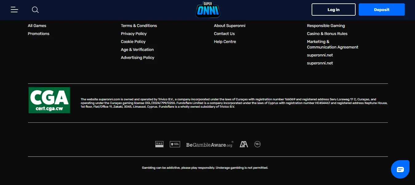 Screenshot of SuperOnni's footer licence and regulator details