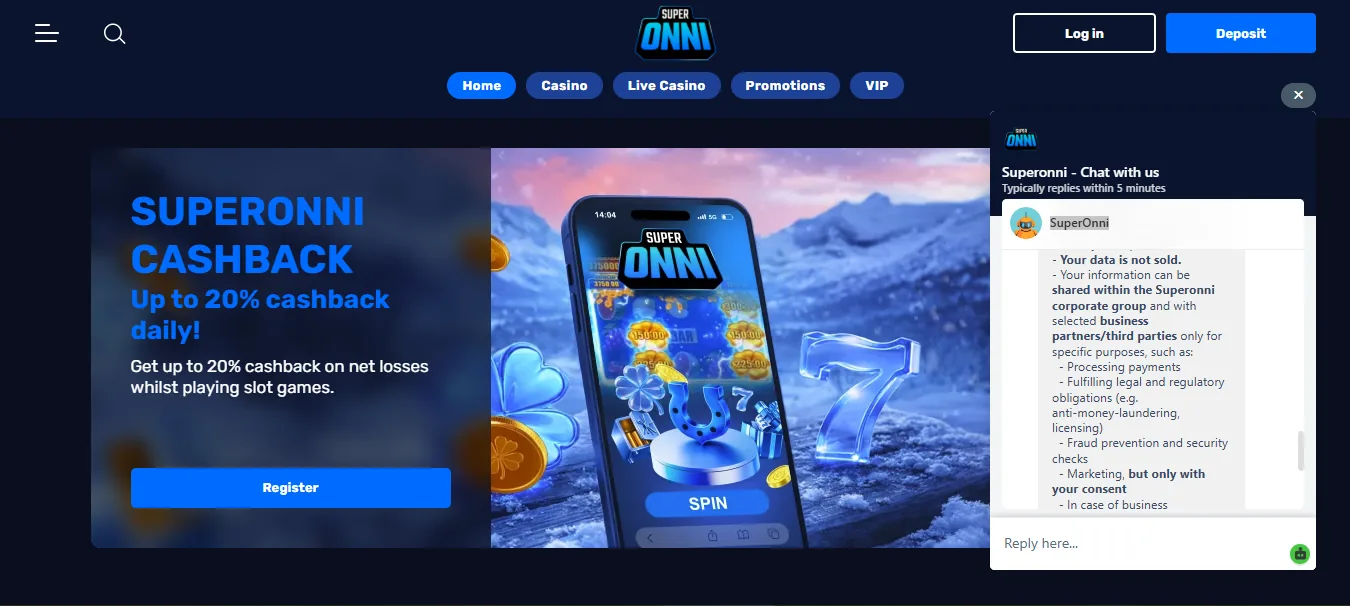 Screenshot of SuperOnni's live chat support window