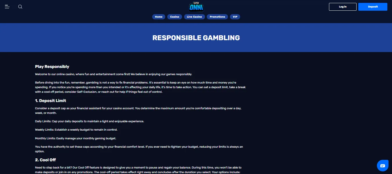 Screenshot of SuperOnni's responsible-gambling tools