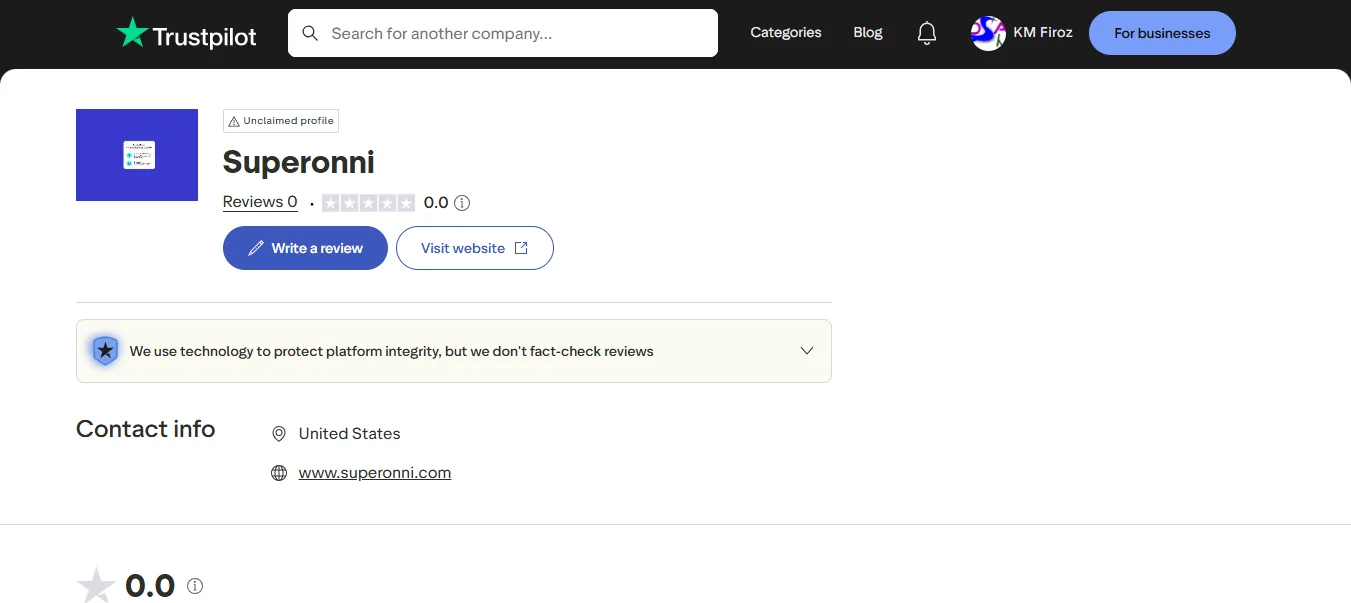 Screenshot of SuperOnni's Trustpilot rating overview