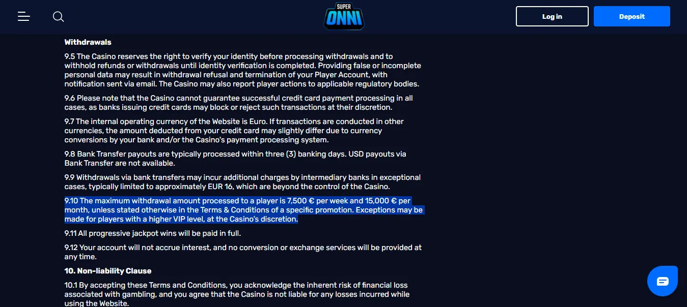 Screenshot of SuperOnni's withdrawal section and limits