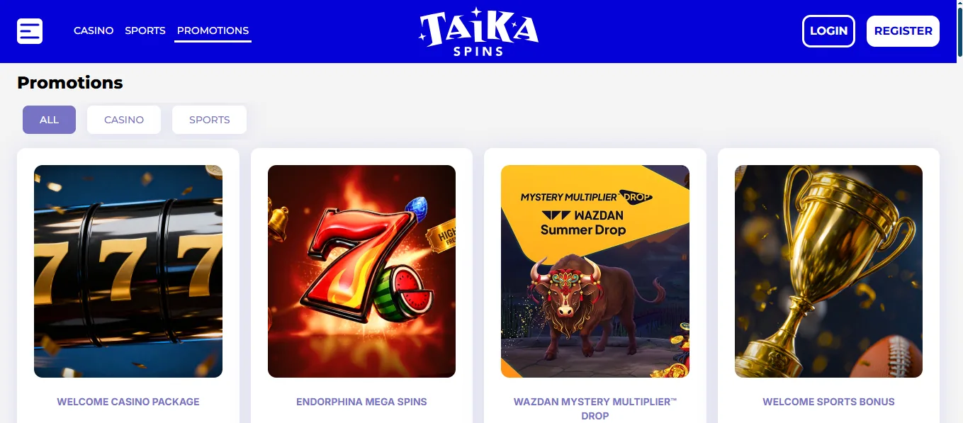 Screenshot of Taika Spinni's welcome bonus offer