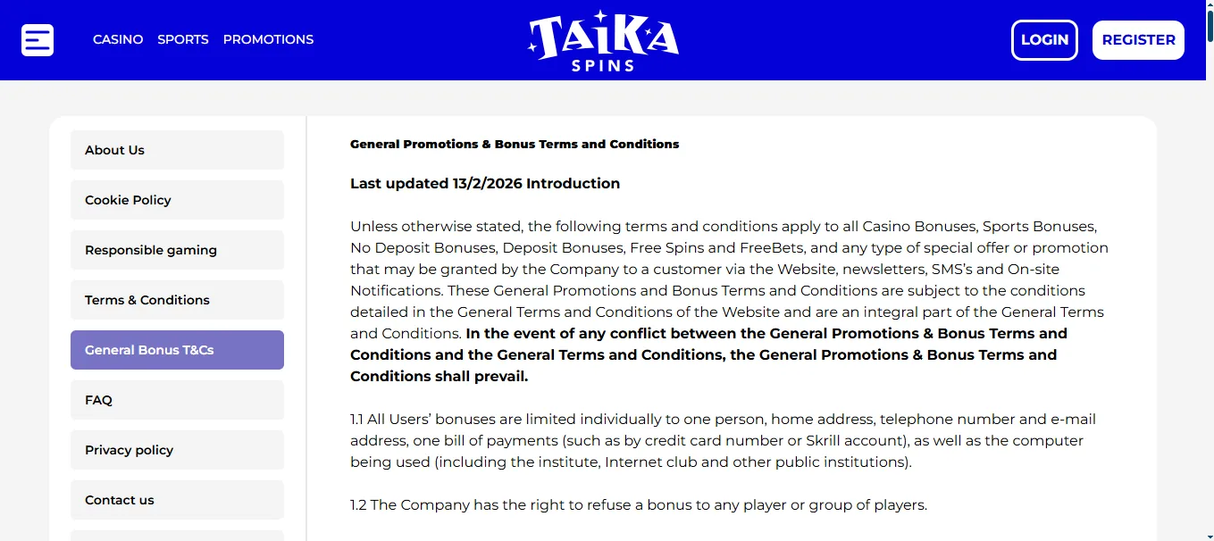 Screenshot of Taika Spinni's bonus terms and wagering requirements