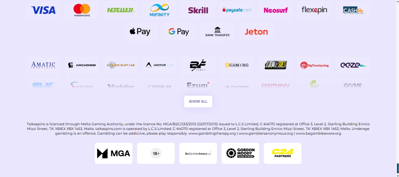 Screenshot of Taika Spinni's footer licence and regulator details