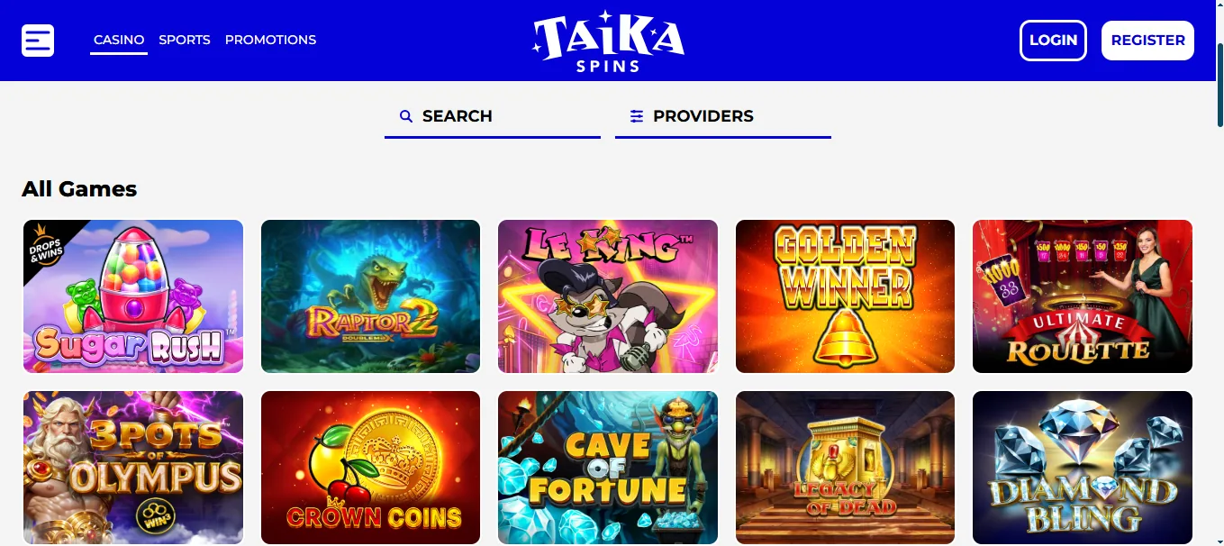 Screenshot of Taika Spinni's games lobby