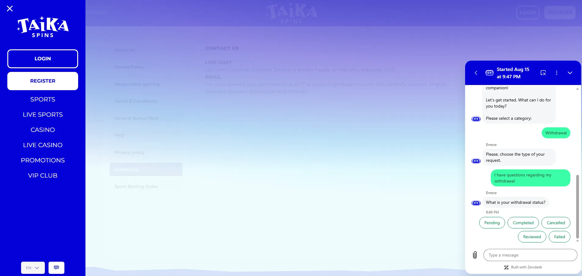 Screenshot of Taika Spinni's live chat support window