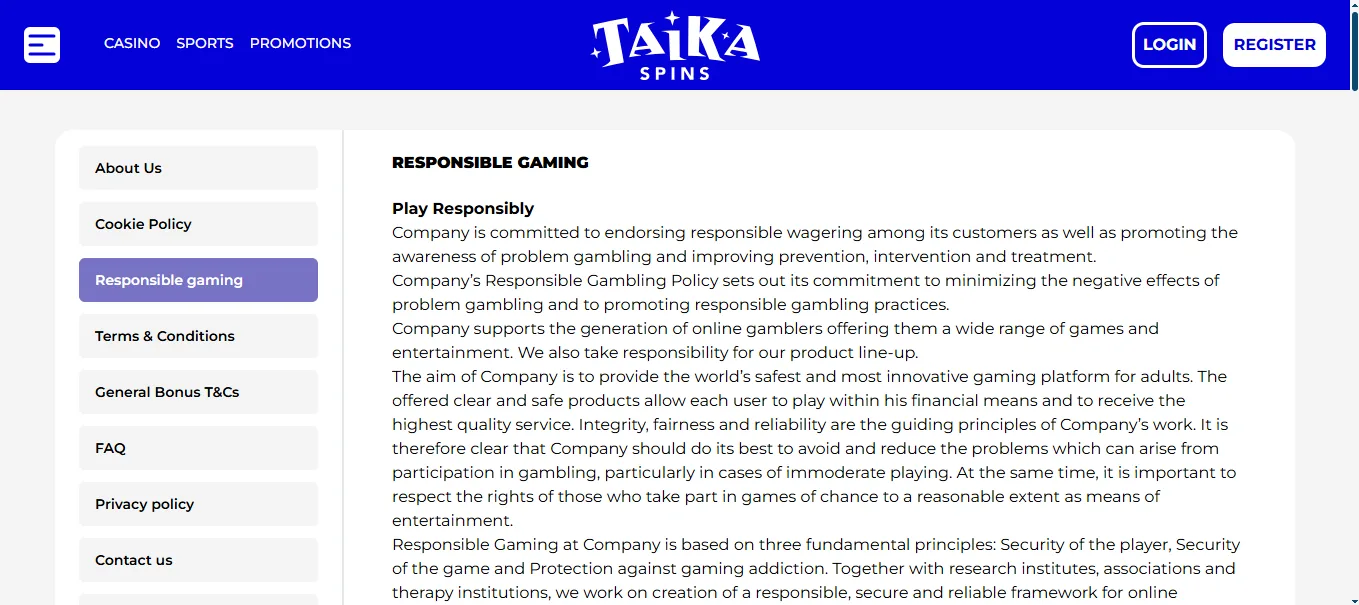 Screenshot of Taika Spinni's responsible-gambling tools