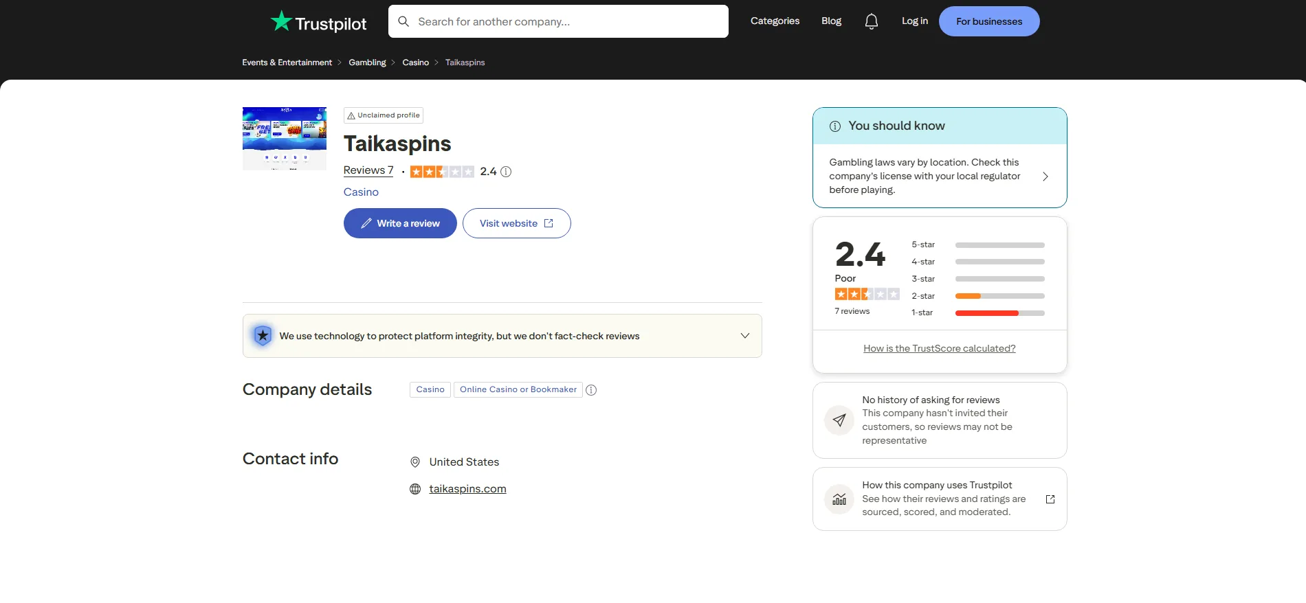 Screenshot of Taika Spinni's Trustpilot rating overview