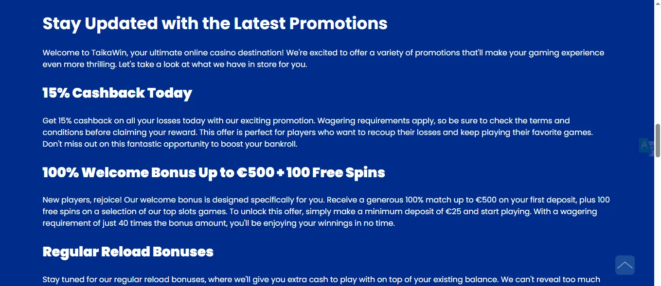 Screenshot of Taika win's welcome bonus offer