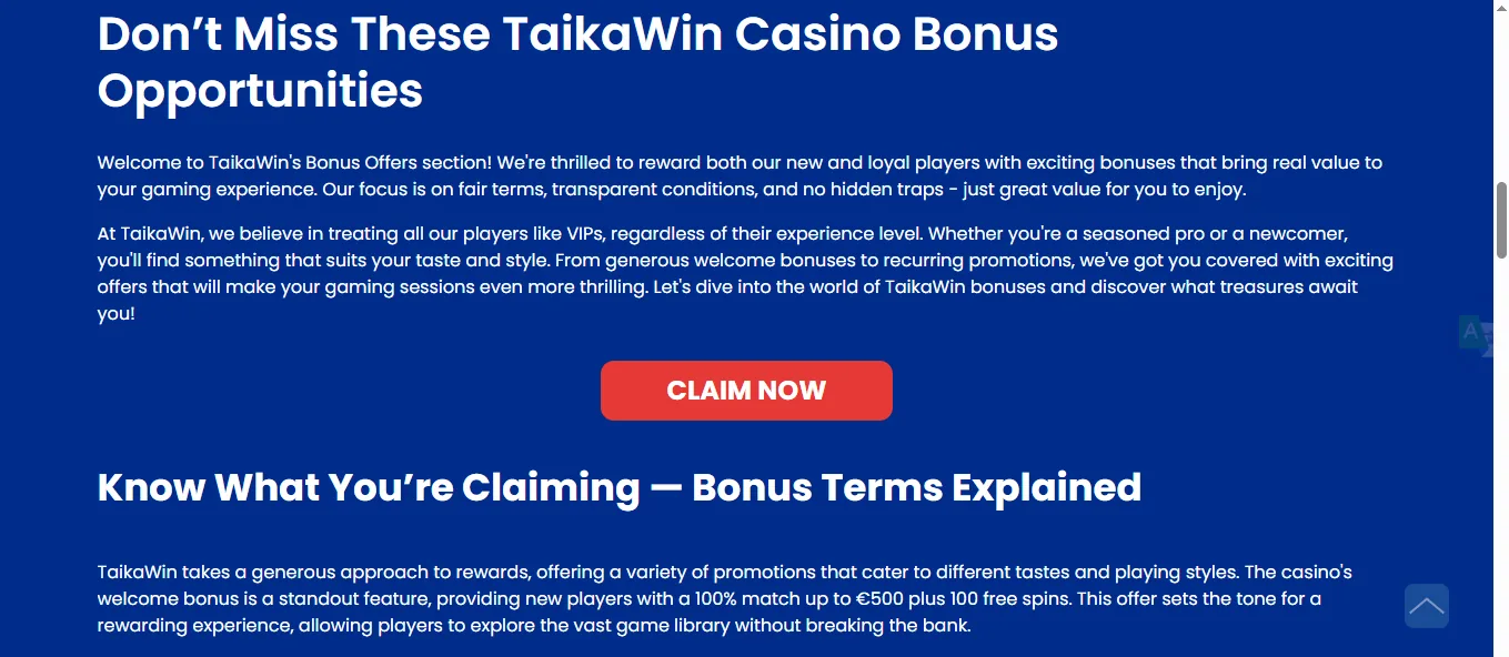Screenshot of Taika win's bonus terms and wagering requirements