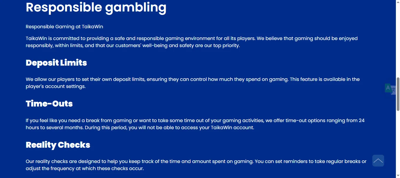 Screenshot of Taika win's responsible-gambling tools