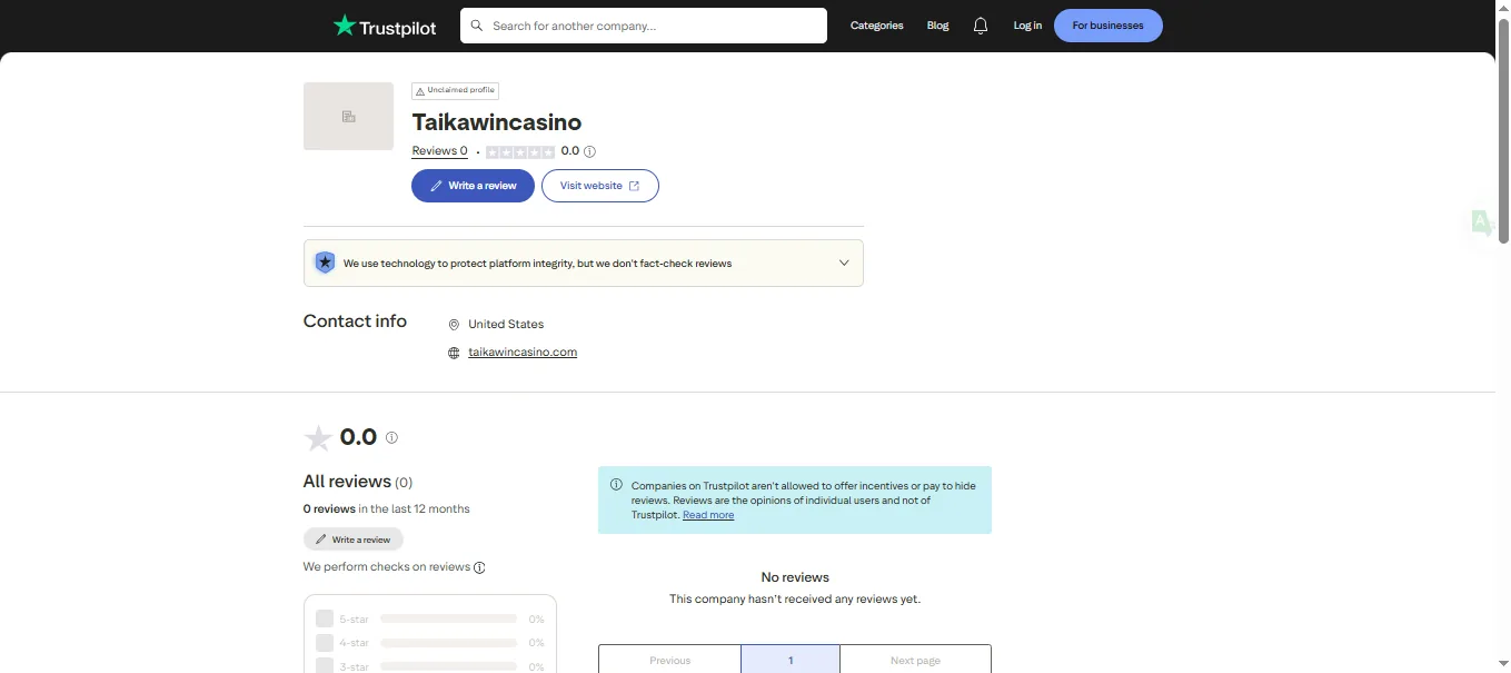 Screenshot of Taika win's Trustpilot rating overview