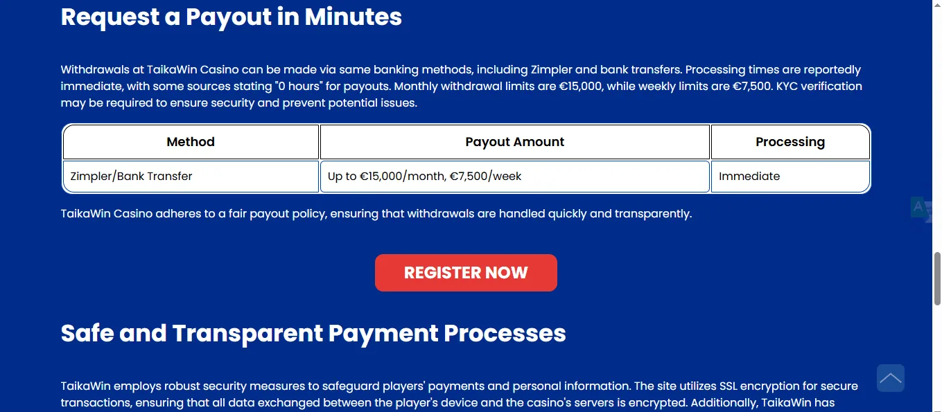 Screenshot of Taika win's withdrawal section and limits
