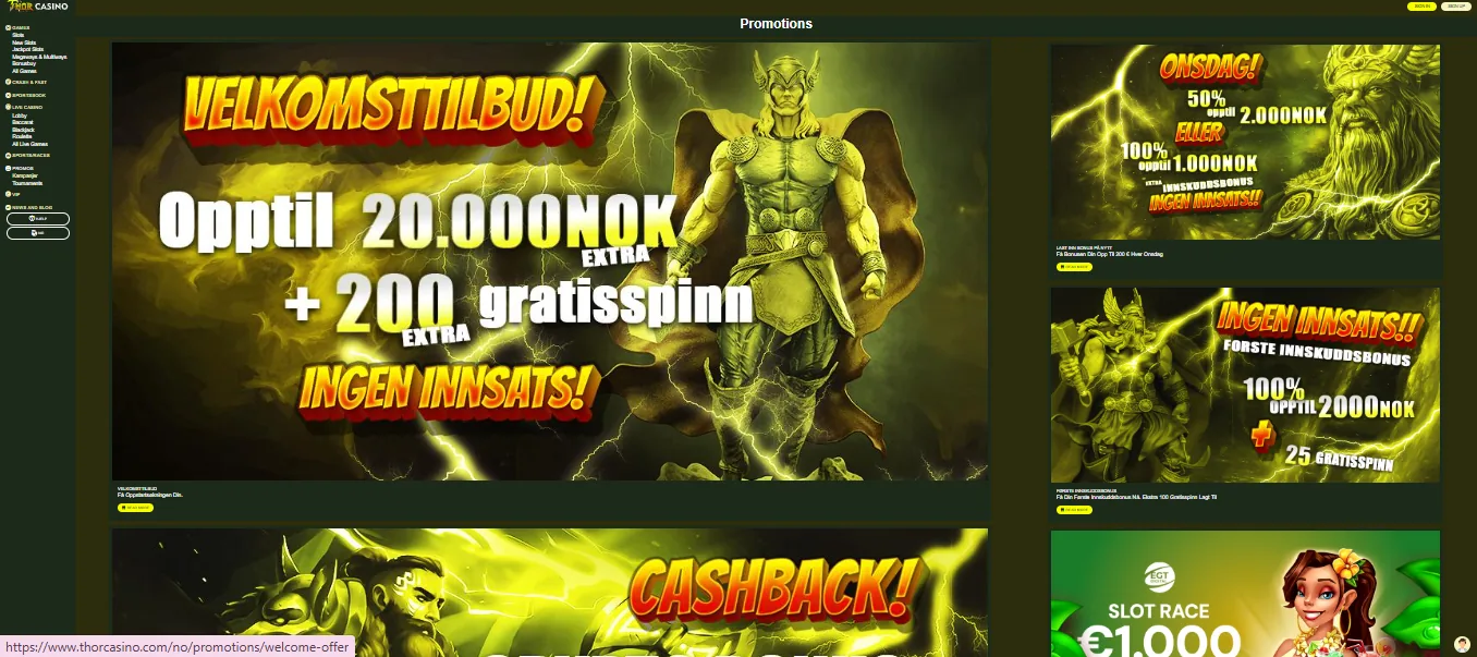 Screenshot of Thor Casino's welcome bonus offer