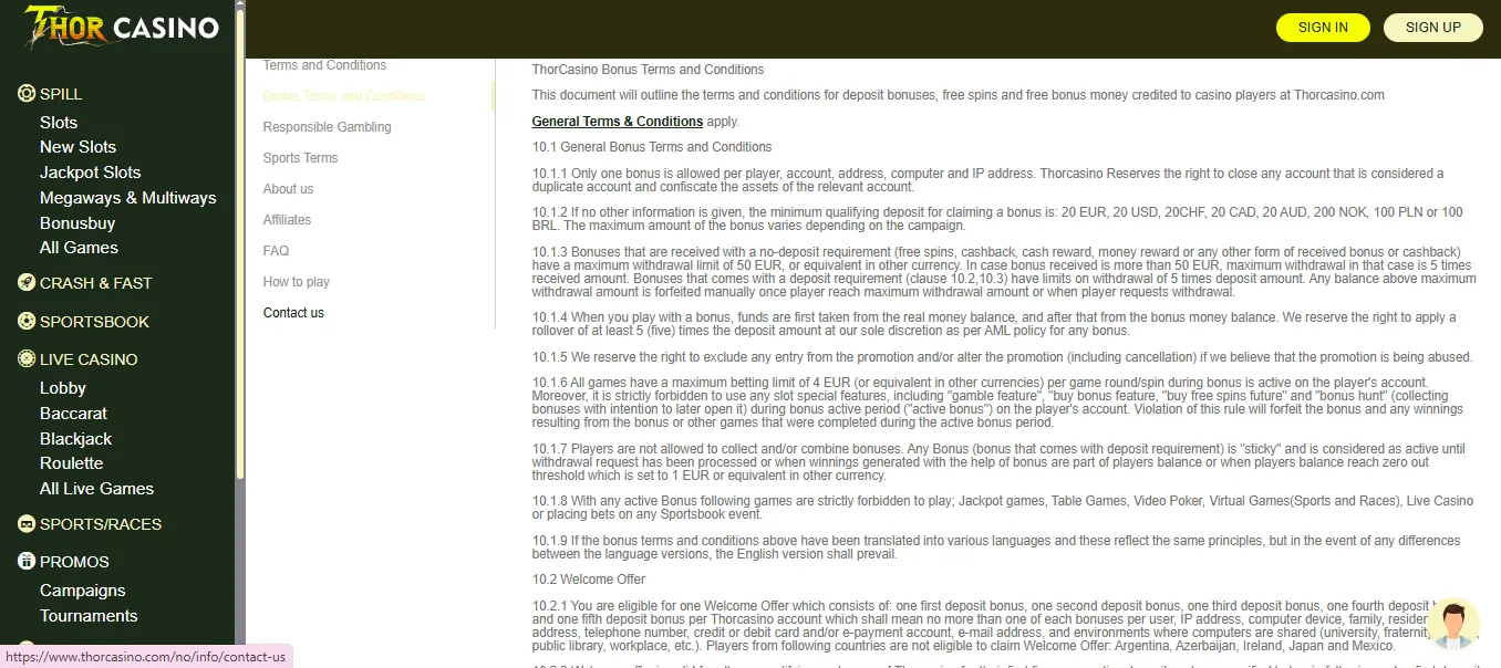 Screenshot of Thor Casino's bonus terms and wagering requirements