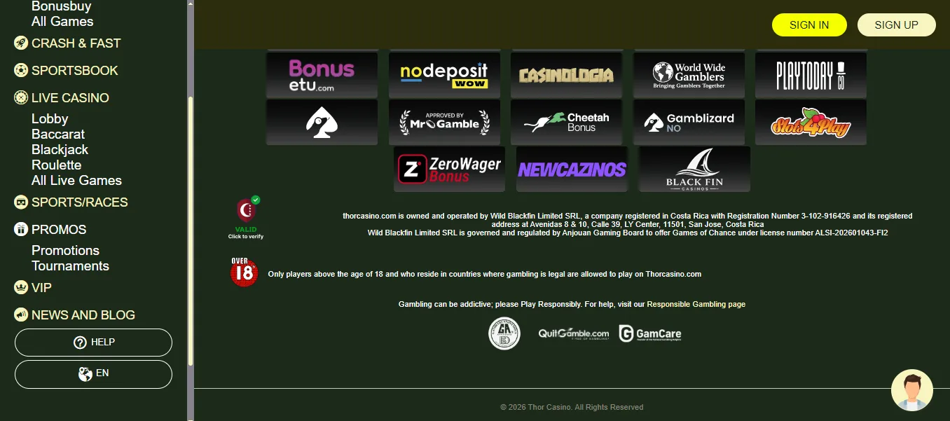 Screenshot of Thor Casino's footer licence and regulator details
