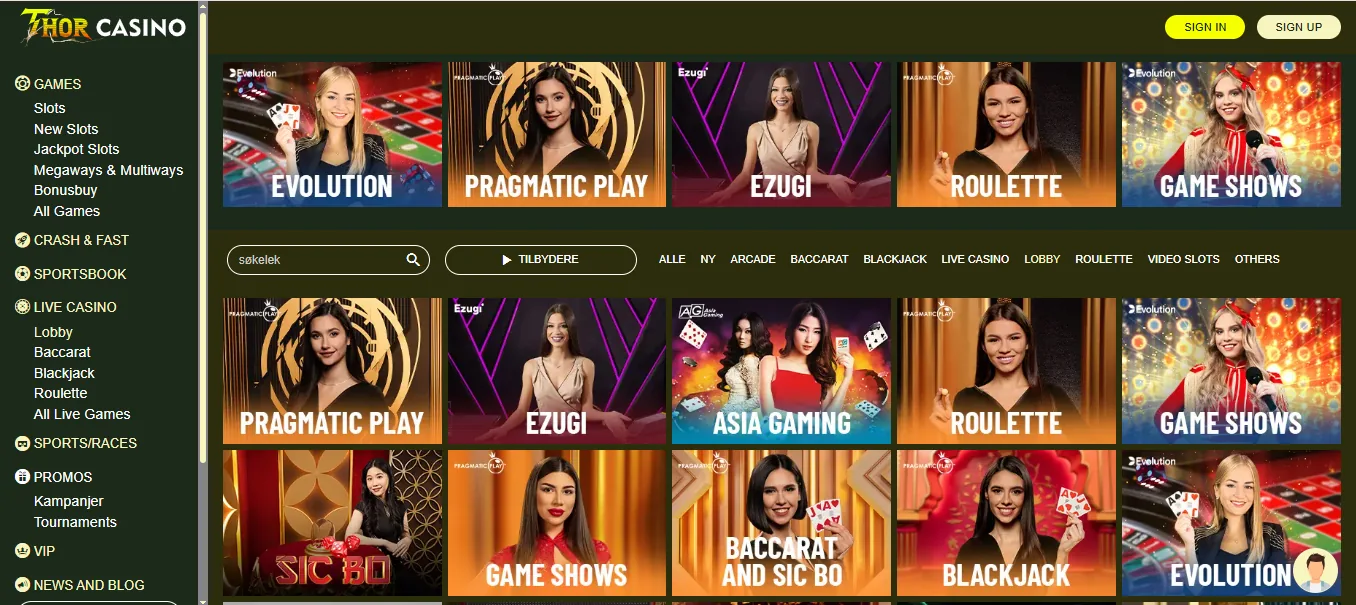 Screenshot of Thor Casino's games lobby