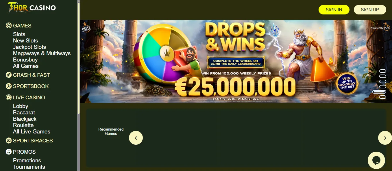 Screenshot of Thor Casino's homepage