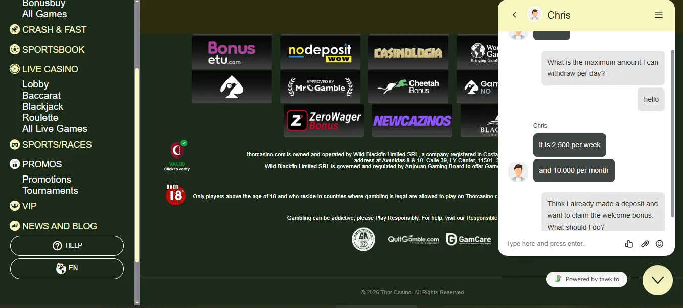 Screenshot of Thor Casino's live chat support window