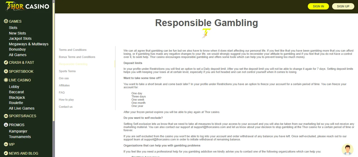Screenshot of Thor Casino's responsible-gambling tools