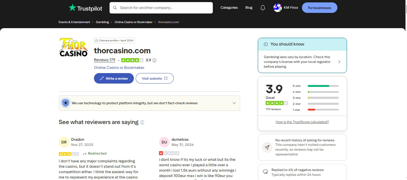 Screenshot of Thor Casino's Trustpilot rating overview
