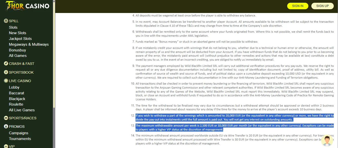 Screenshot of Thor Casino's withdrawal section and limits