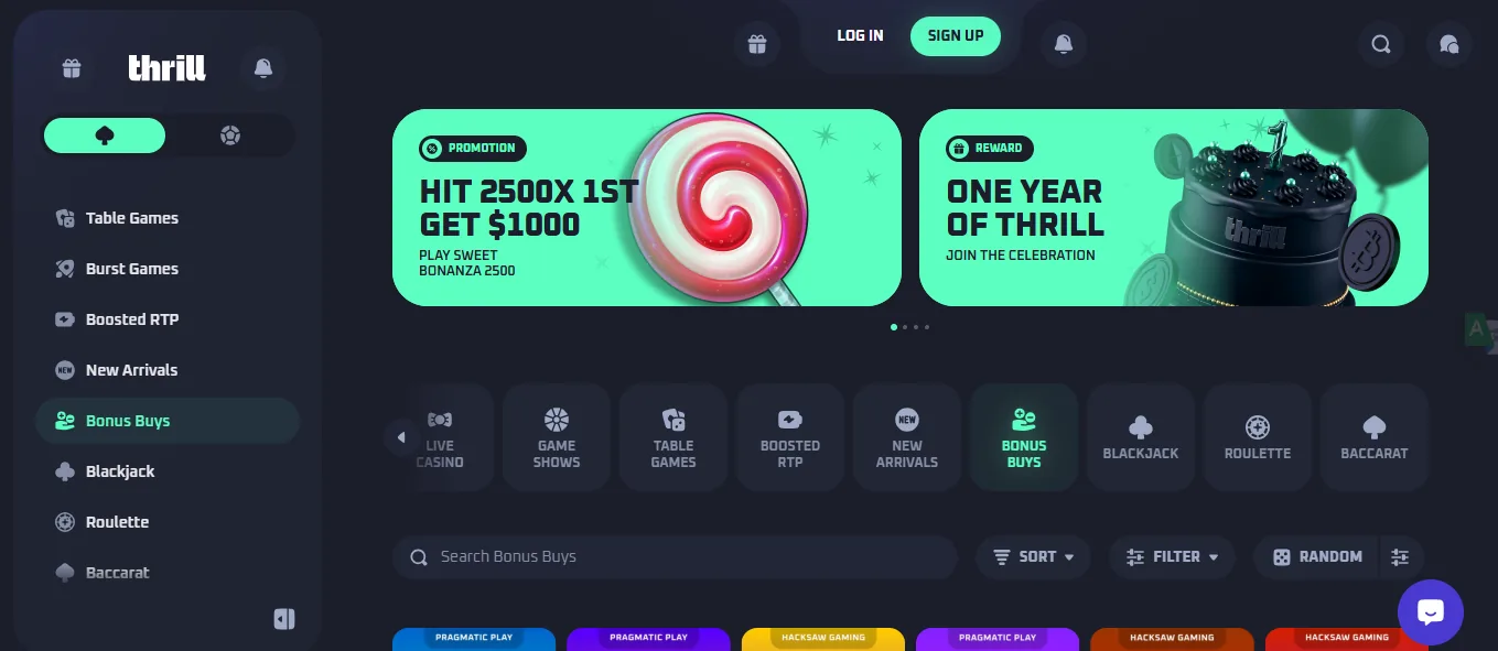 Screenshot of Thrill's welcome bonus offer