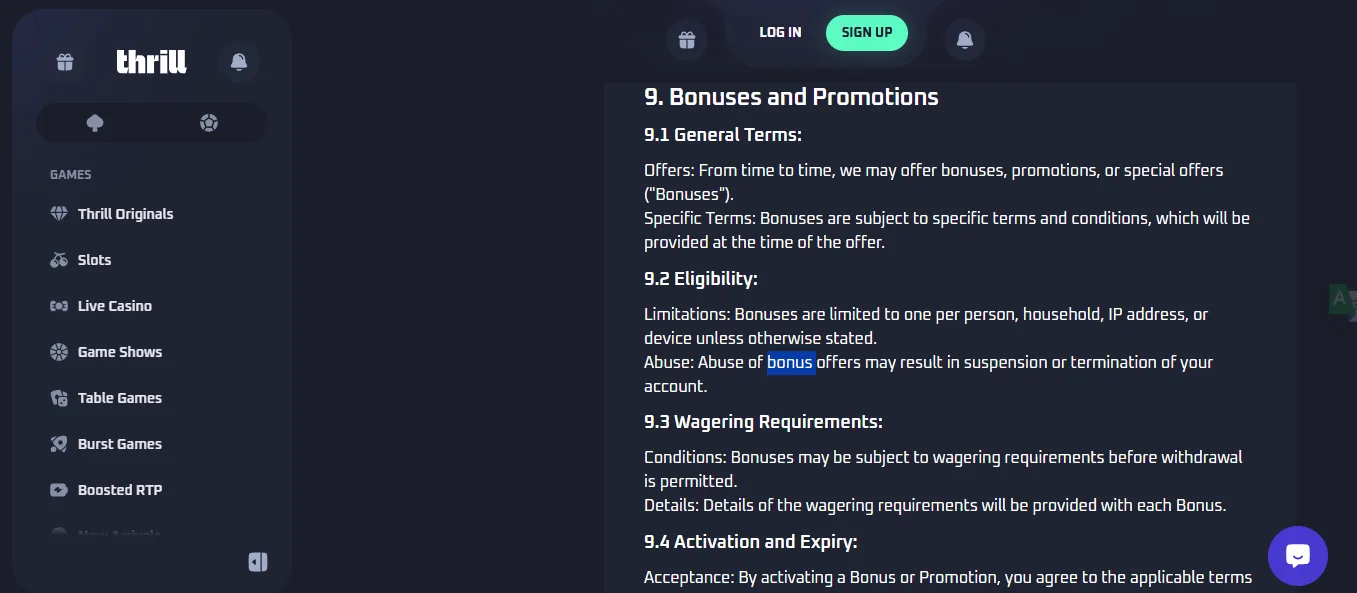 Screenshot of Thrill's bonus terms and wagering requirements