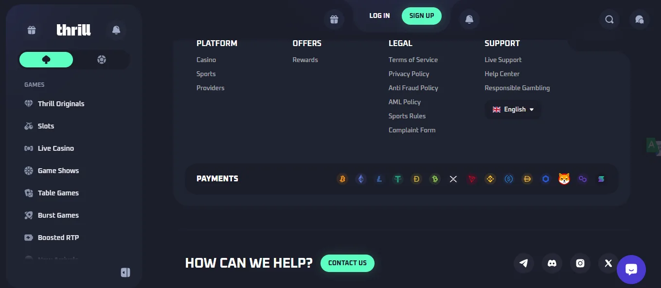 Screenshot of Thrill's cashier and payment methods