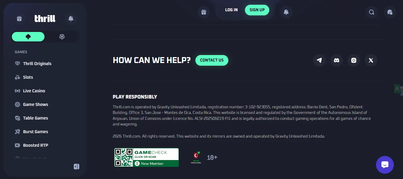 Screenshot of Thrill's footer licence and regulator details