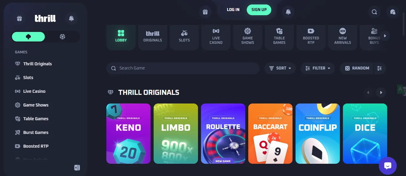 Screenshot of Thrill's games lobby
