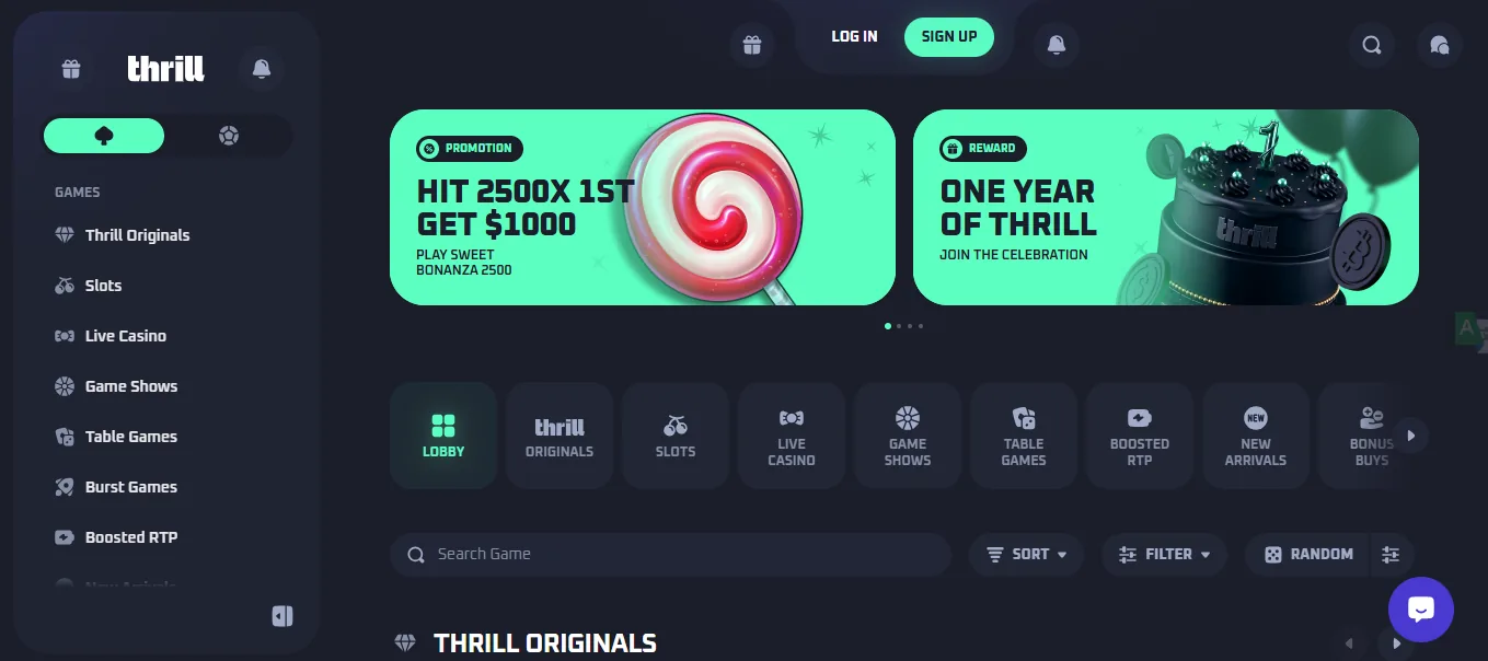 Screenshot of Thrill's homepage