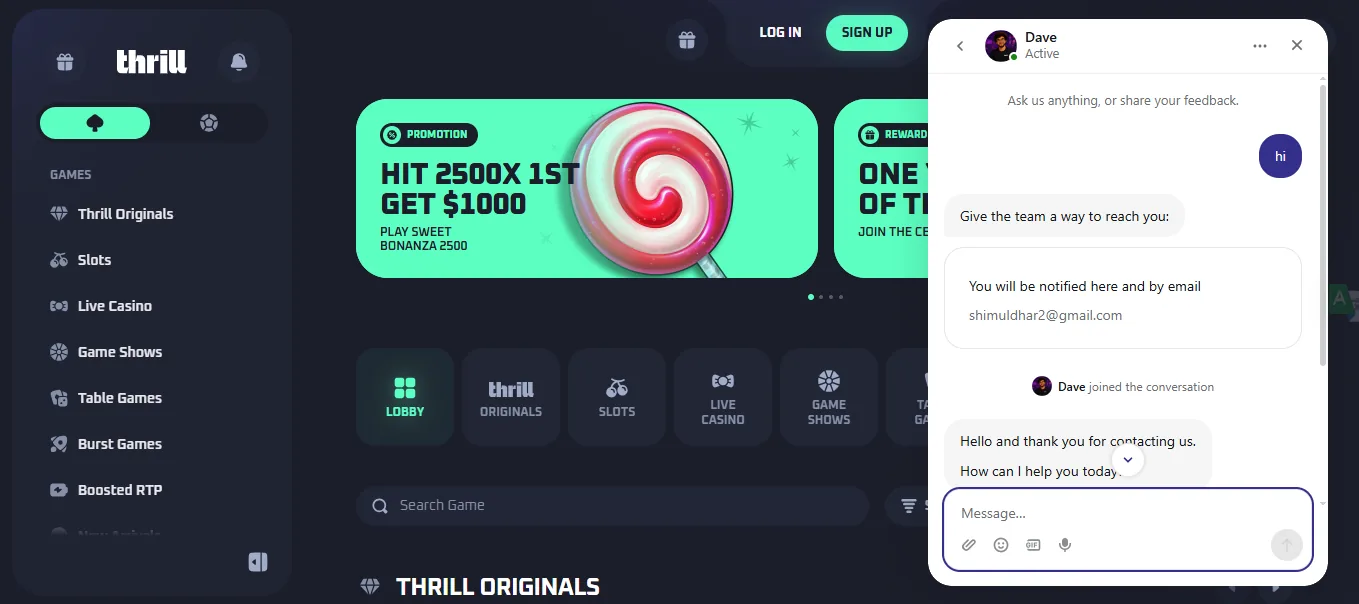 Screenshot of Thrill's live chat support window