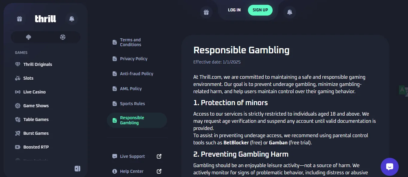 Screenshot of Thrill's responsible-gambling tools