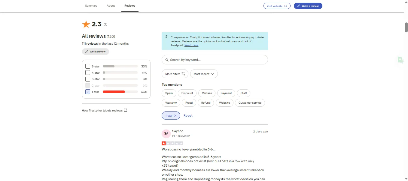Screenshot of Thrill's negative Trustpilot review