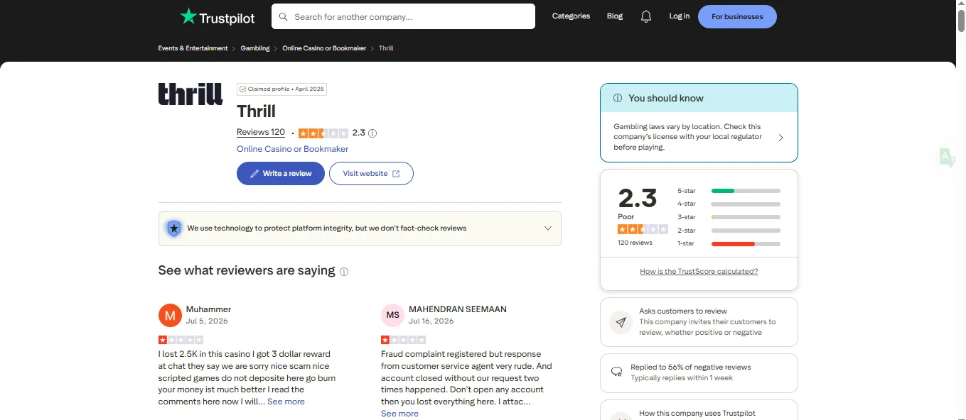 Screenshot of Thrill's Trustpilot rating overview