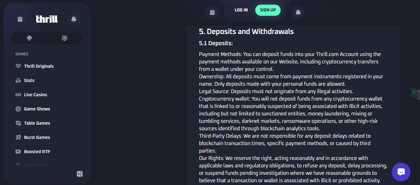 Screenshot of Thrill's withdrawal section and limits