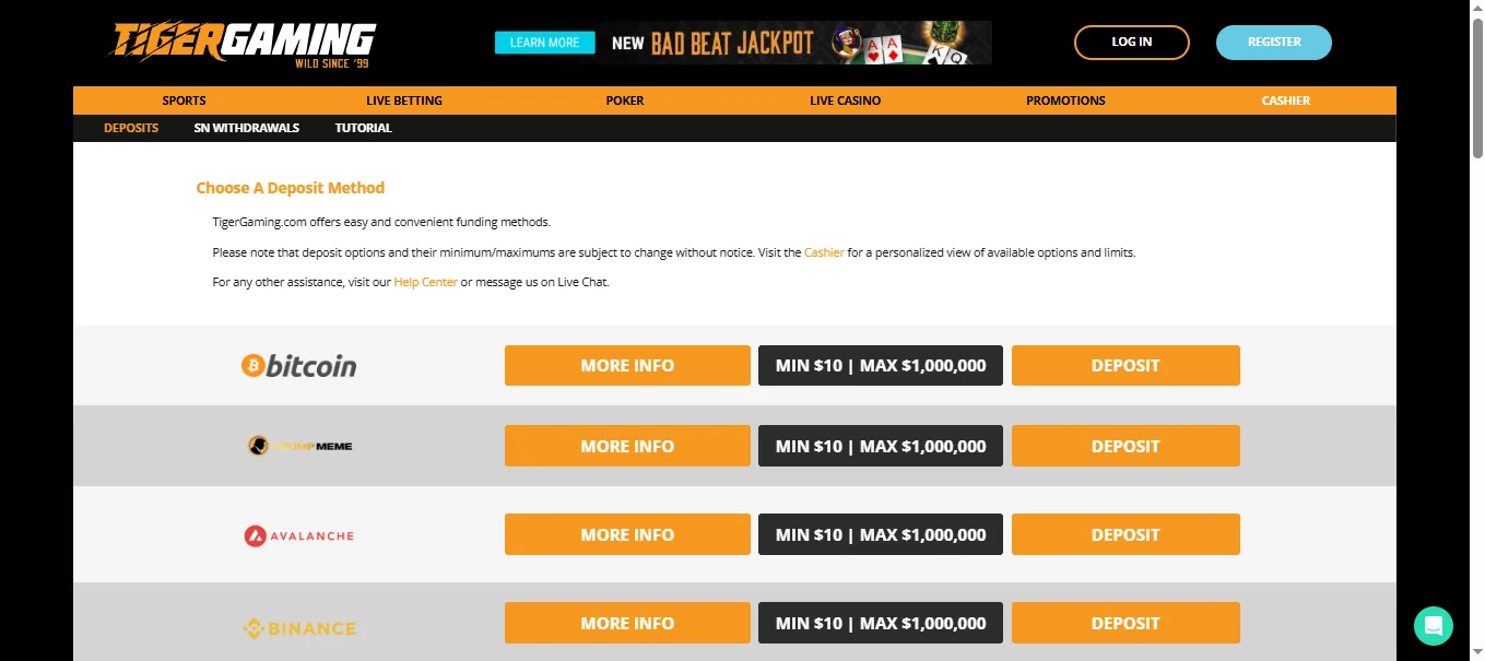Screenshot of TigerGaming's cashier and payment methods