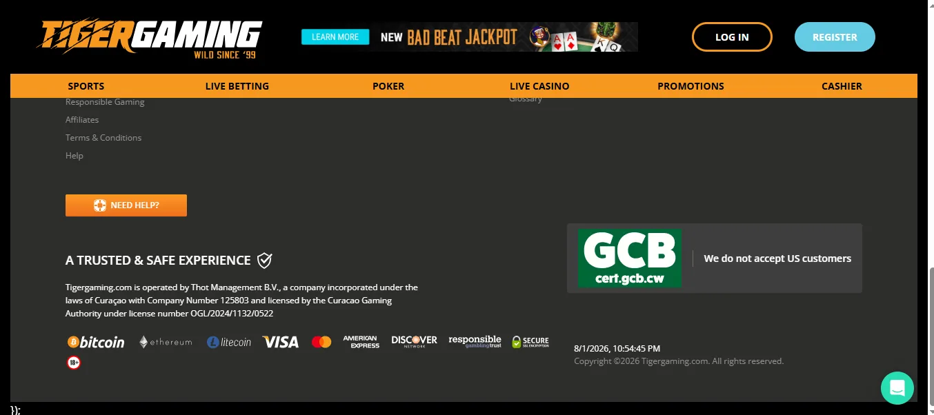 Screenshot of TigerGaming's footer licence and regulator details