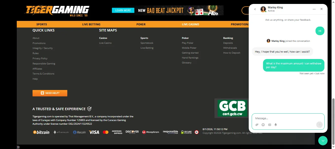 Screenshot of TigerGaming's live chat support window